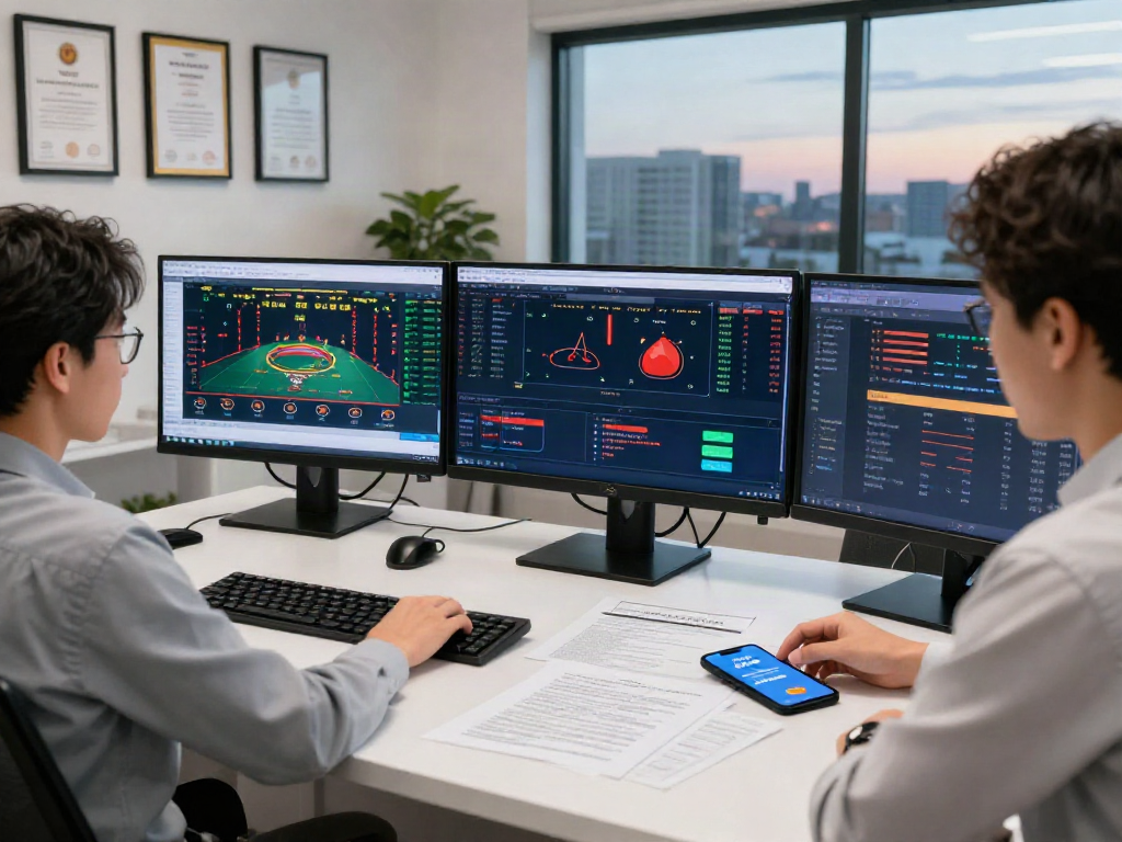 Detailed workspace for 먹튀검증 analysis with screens showing gambling statistics and verification alerts.