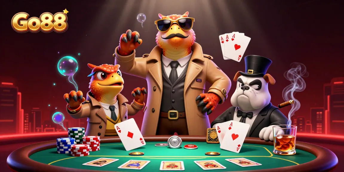 Go88 raptors trying to enter a VIP casino, surrounded by poker elements, showcasing a dynamic gambling scene.