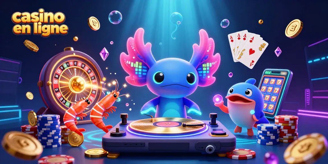 Animation de casino en ligne avec un DJ axolotl vibrant entouré de jetons et de cartes.