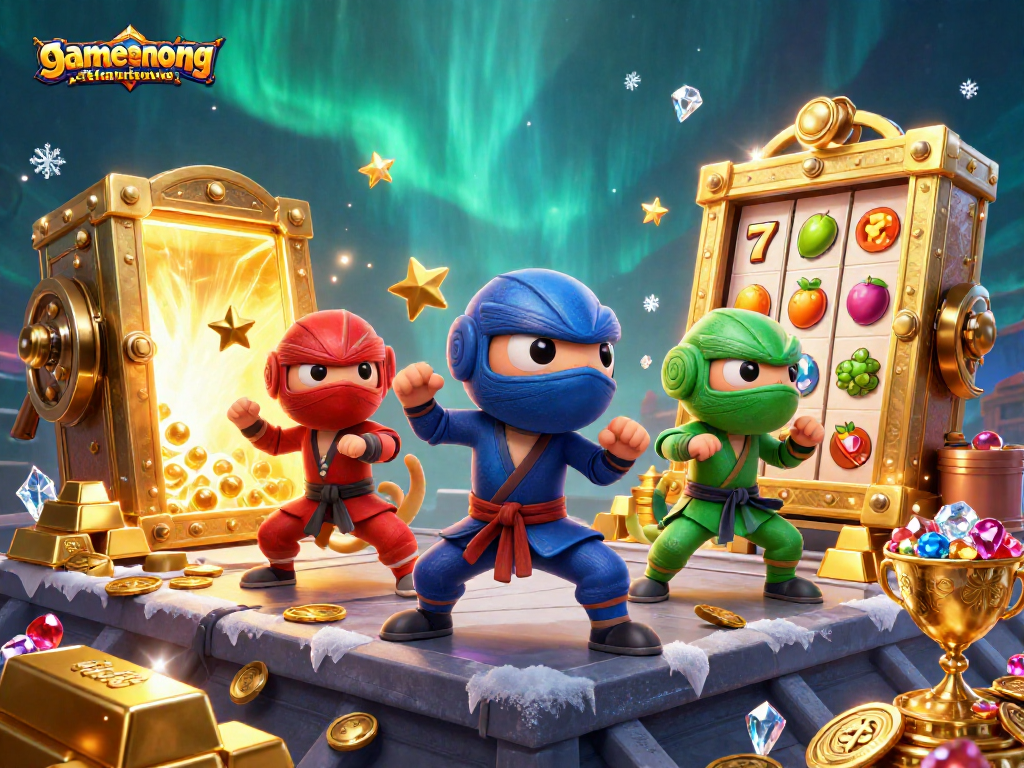 Engage with gamenongtraivuive's thrilling world through three ninja chameleons in a dazzling casino setup.
