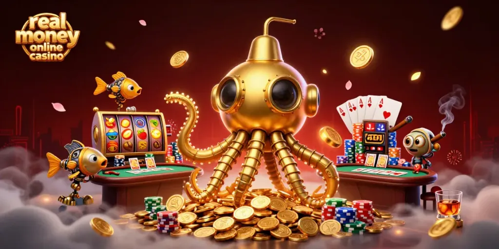 Experience an exciting real money online casino scene with a golden kraken submarine and poker elements.