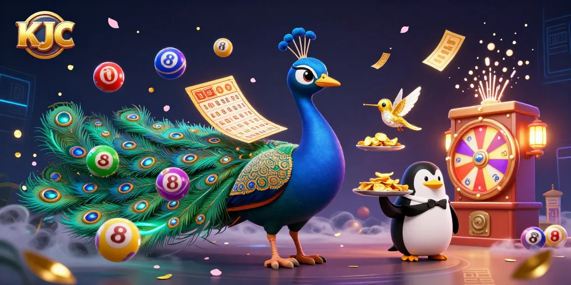 KJC presents a lively scene with a colorful peacock, penguin with golden chips, and hummingbird amidst dynamic lottery elements.