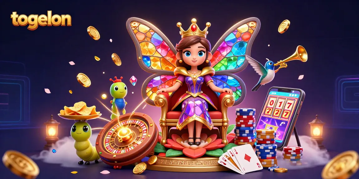 Engage with togelon in a vibrant 3D casino scene featuring a butterfly queen and colorful game elements.