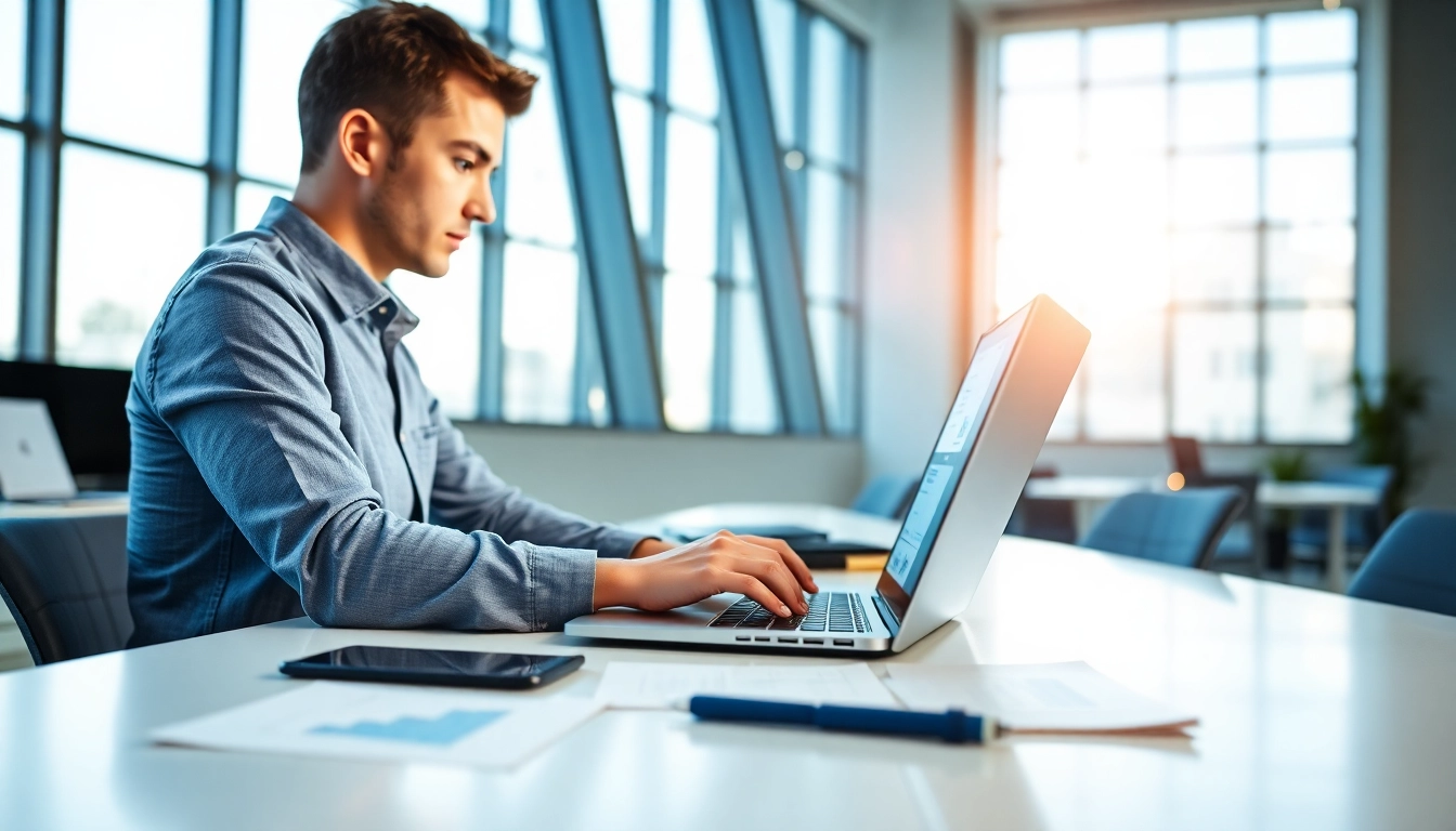 Engaging user utilizing AI proposal writing software for federal contracts in a modern office.