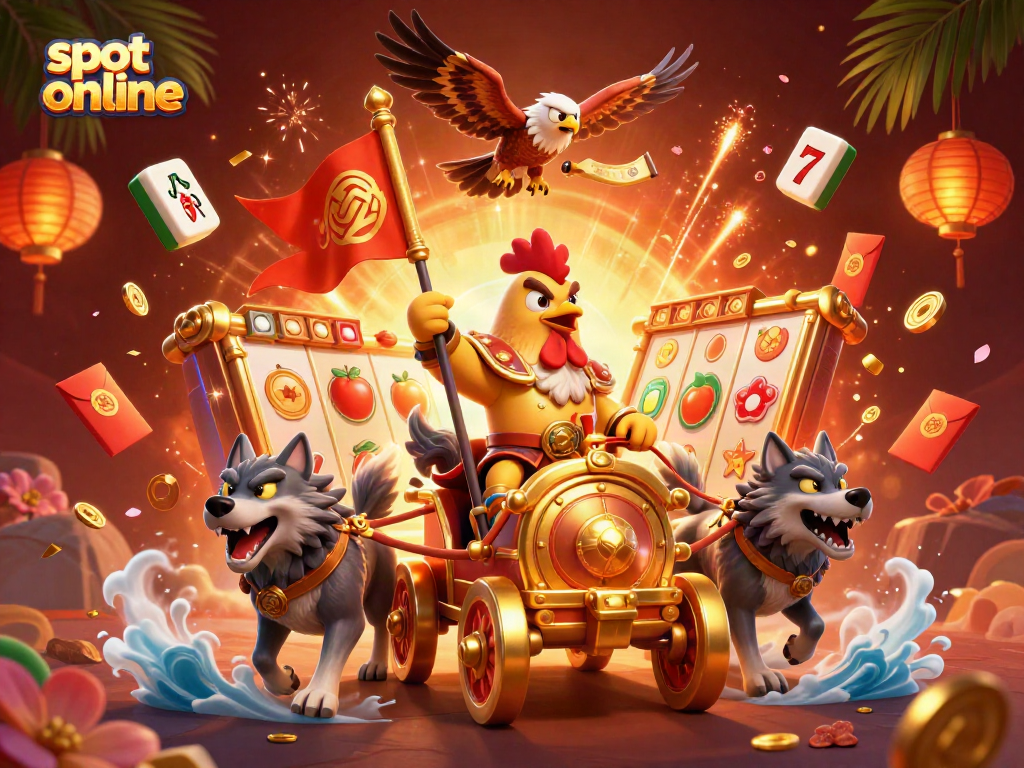 Spin to win big with slot online featuring a cartoon rooster warlord amidst vibrant casino elements.