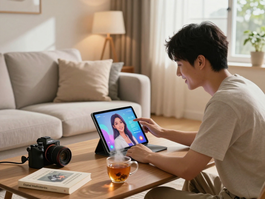 AI girlfriend interface showcasing a joyful interaction between a user and their virtual partner in a cozy living room.