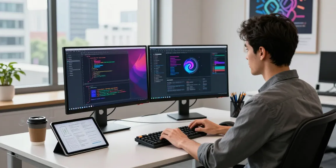 Build internal tools with AI in a modern workspace featuring dual monitors, code editor, and developer at work.