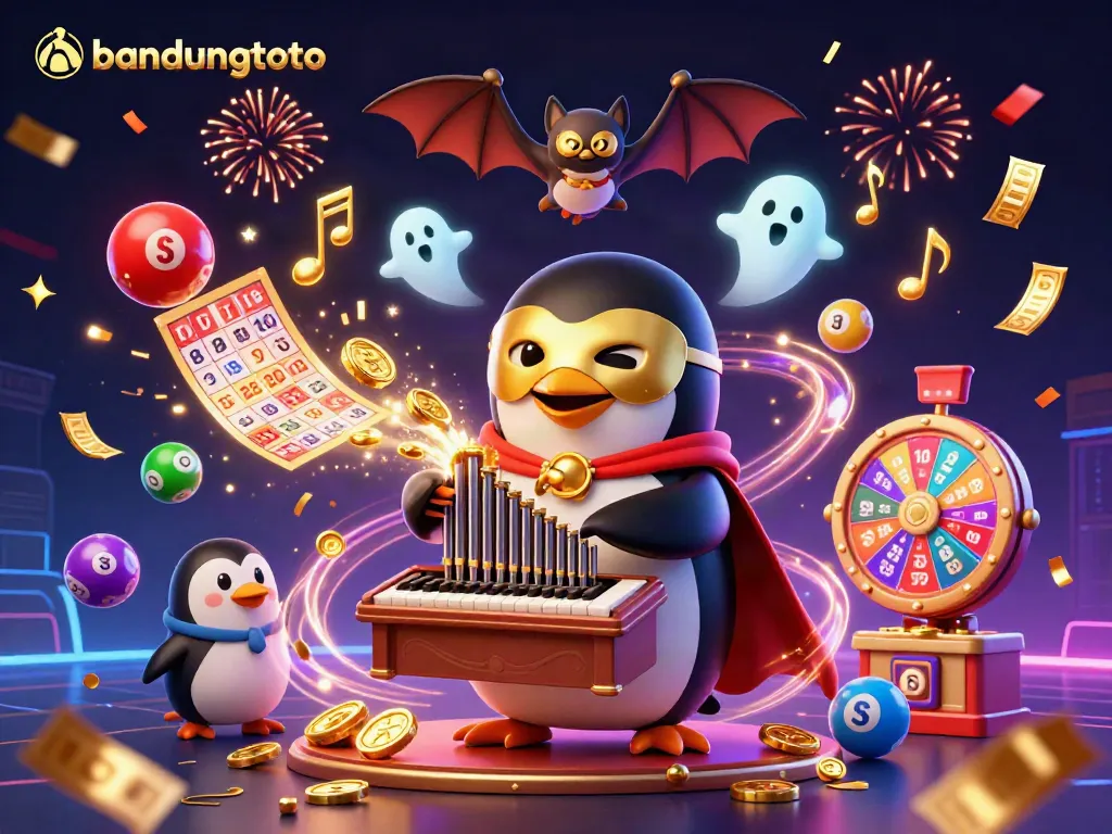 Win big with bandungtoto as the phantom penguin entertains amid falling lottery balls.