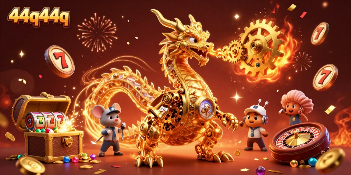 Experience thrilling moments at 44q44q with a golden dragon and slot reels celebrating in a vibrant casino scene.