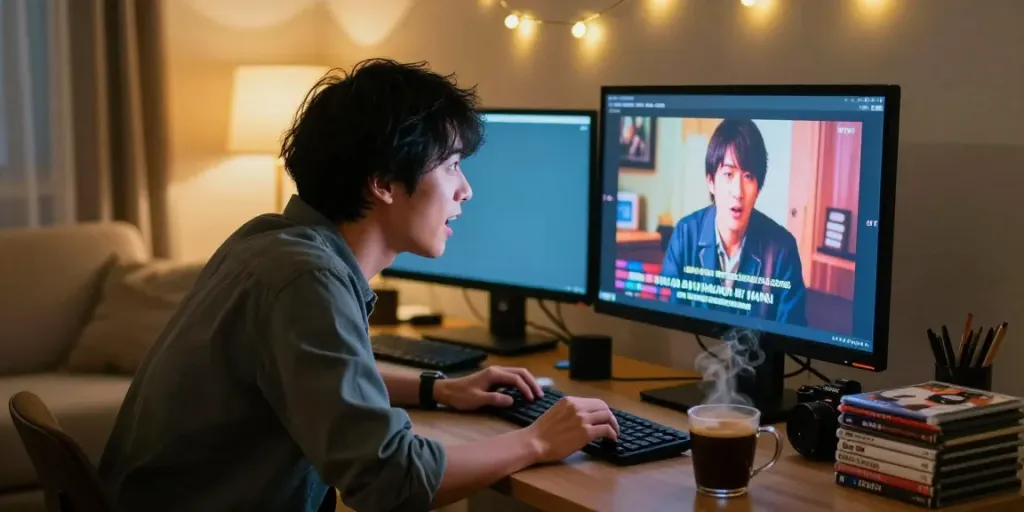 Engaging scene of a viewer enjoying JAV subtitle Indonesia at a home office