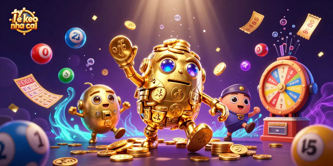 Engaging scene showcasing ty le keo nha cai with animated lottery balls, golem, and vibrant casino elements.
