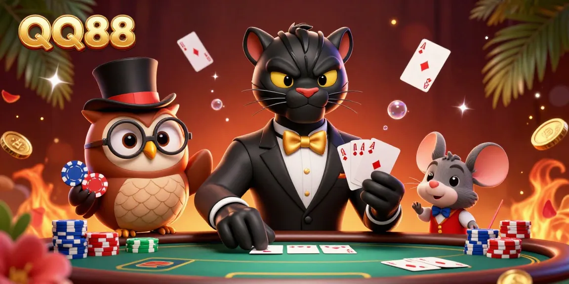 Experience the excitement of QQ88 with a stylish cartoon panther dealer and vibrant casino elements.