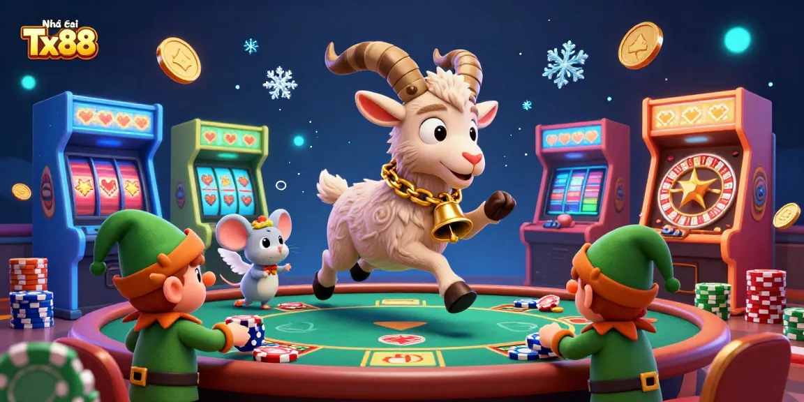 Engaging holiday-horror casino scene with Nhà cái Tx88, featuring Krampus and mischievous elves.