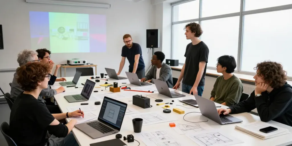 Innovation in theatre collaboration scene with diverse team creating performance elements in a vibrant studio.
