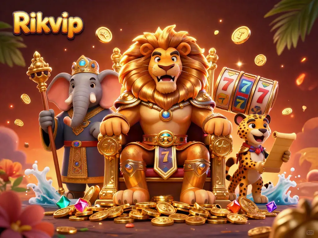 Experience thrilling gameplay at Rikvip, featuring a lion king surrounded by vibrant casino elements.