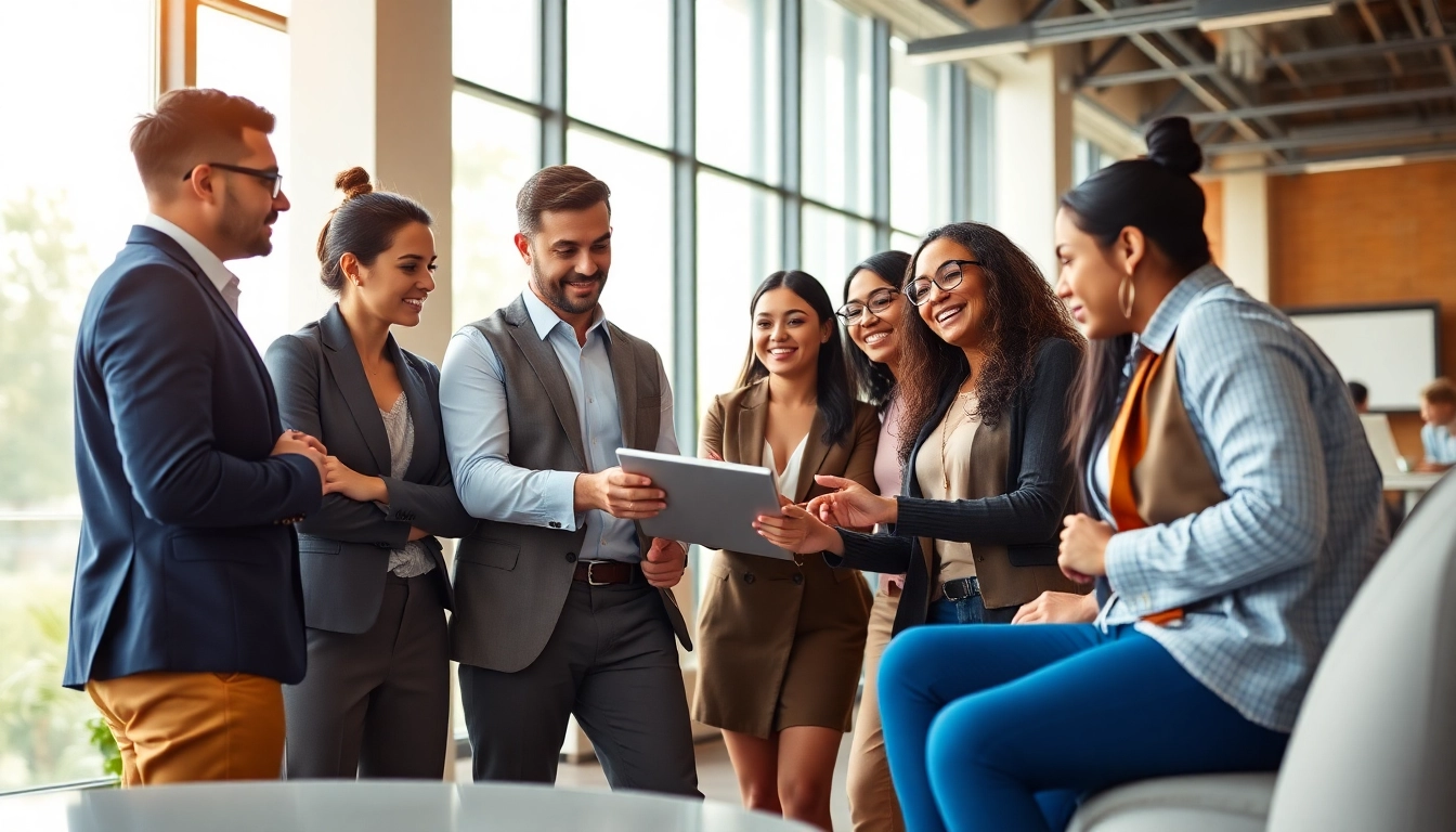 Engaging marketing director leading a team in a collaborative office environment.