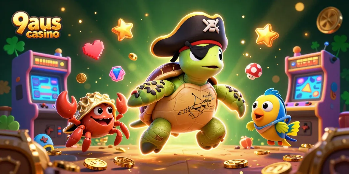 Engaging 3D illustration of 9aus casino featuring a pirate turtle, hermit crab, and parrotfish amidst vibrant casino elements.