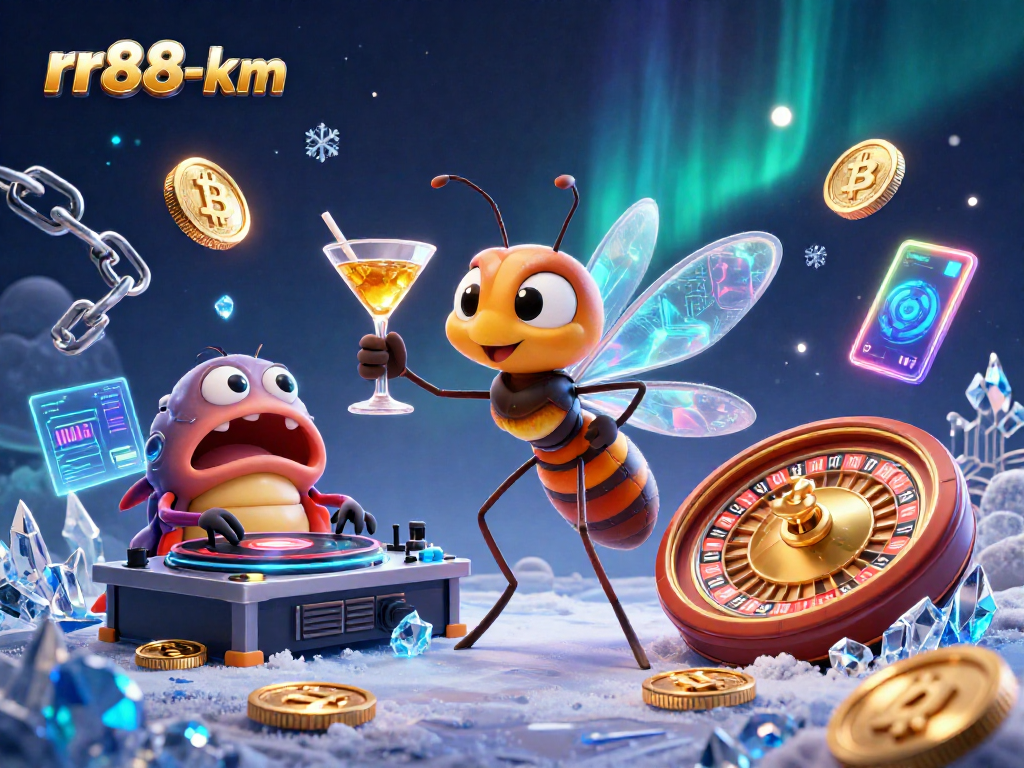 Engage in thrilling moments with rr88-km, featuring a lively casino scene with crypto elements and vibrant characters.