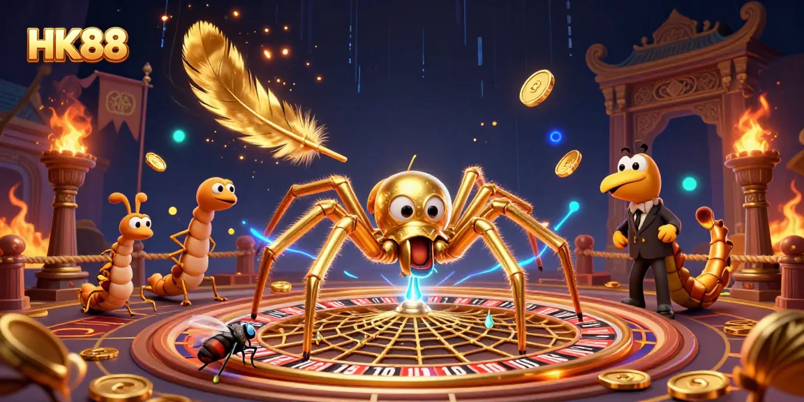 Bet on the HK88 roulette wheel as golden spider and centipede croupier create a thrilling gambling atmosphere.