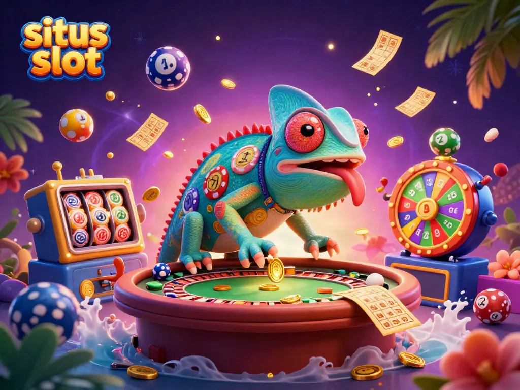Gali kemenangan di situs slot dengan karakter kasino chameleon yang menarik dan elemen permainan dinamis.