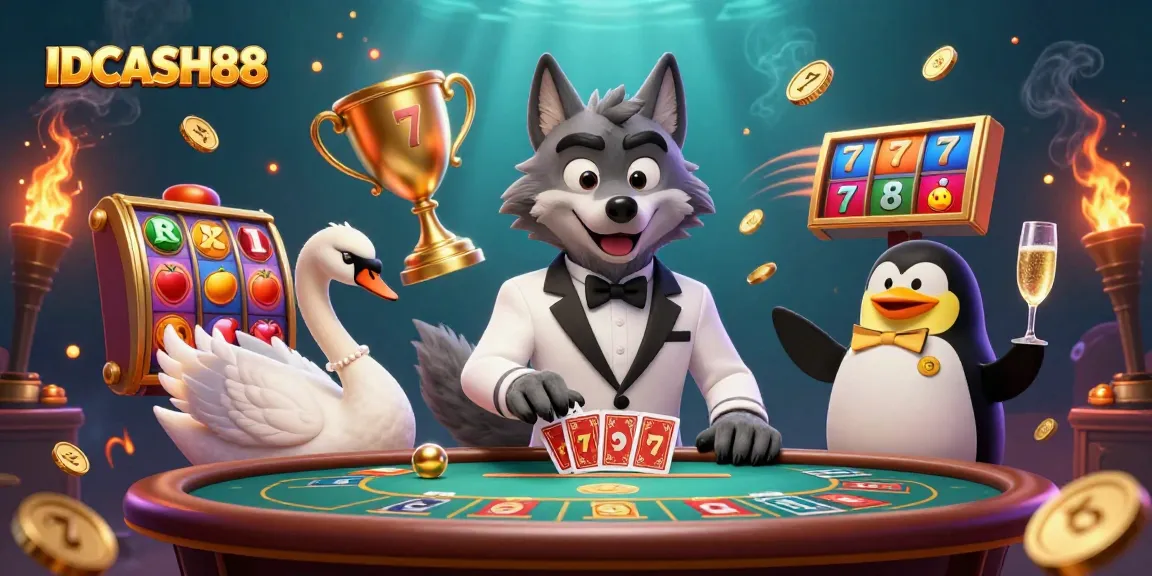 Engage in thrilling slots at IDCASH88 with vibrant characters and dynamic casino elements.