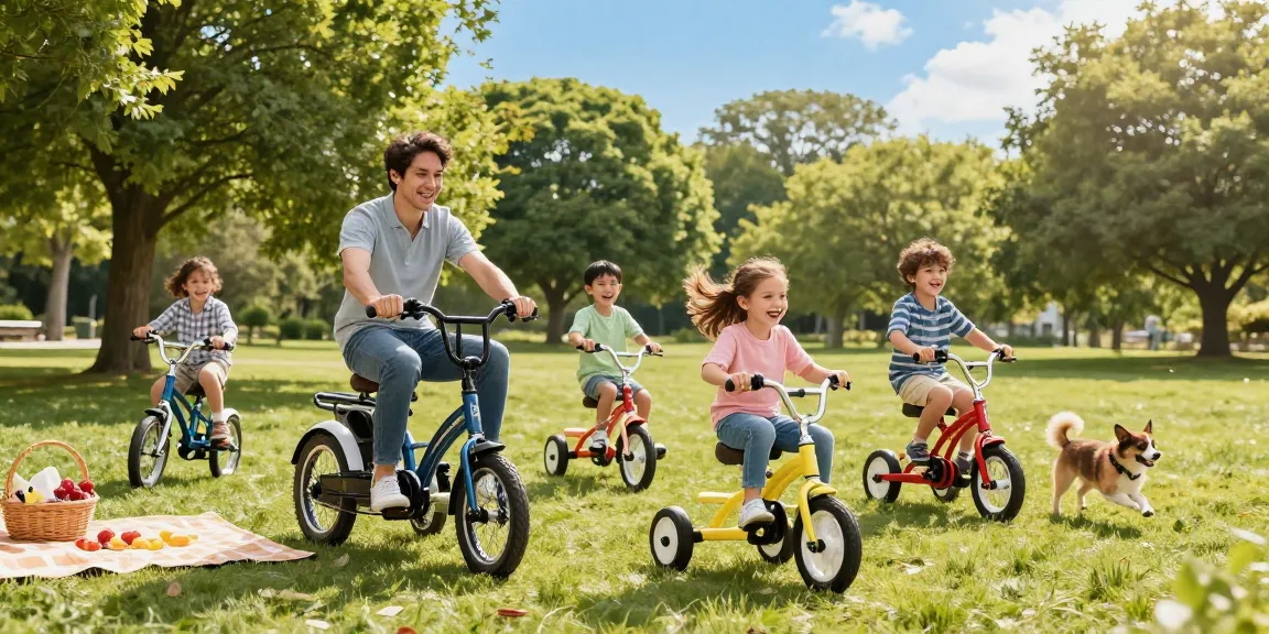 Family enjoying tricycles in a sunny park, showcasing electric and kids models.