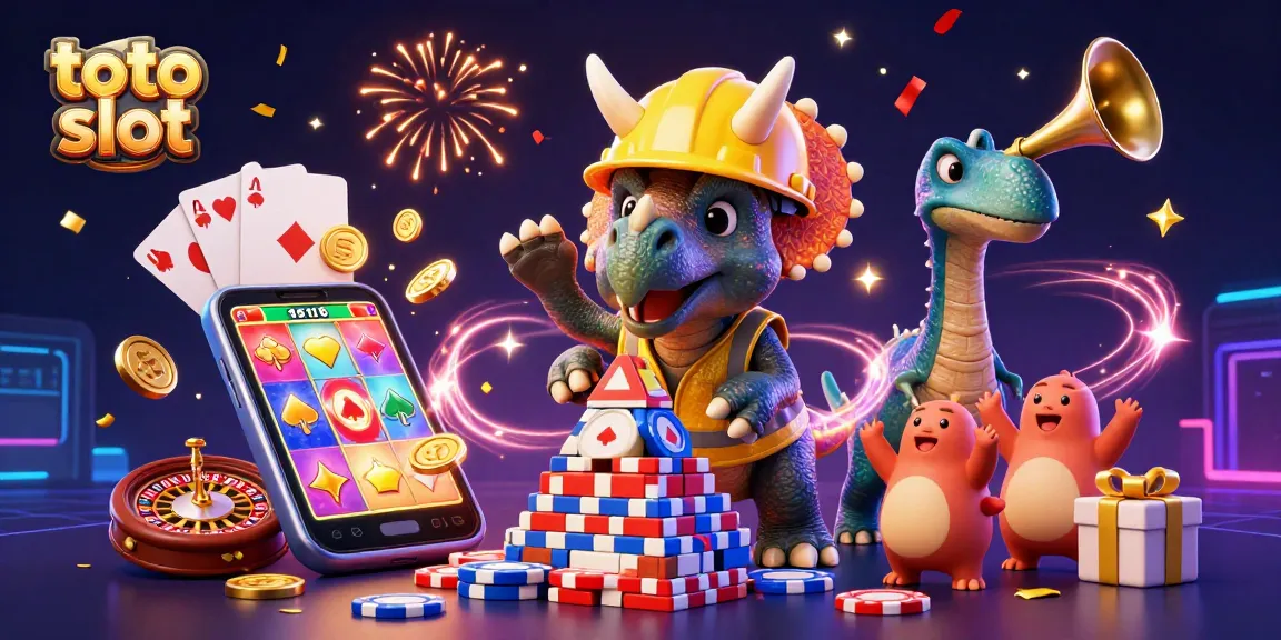 Experience thrilling toto slot action with a 3D illustration of dinosaurs celebrating casino wins.