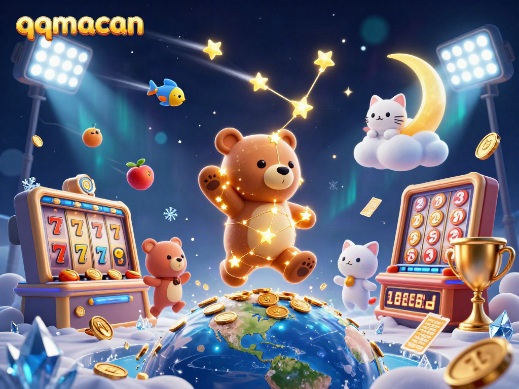 Engage with the qqmacan as a constellation bear scoops up coins amidst extravagant slot game elements.