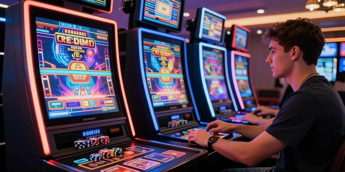 Situs LUXURY777 dengan pemain serius di mesin slot dan suasana kasino mewah.