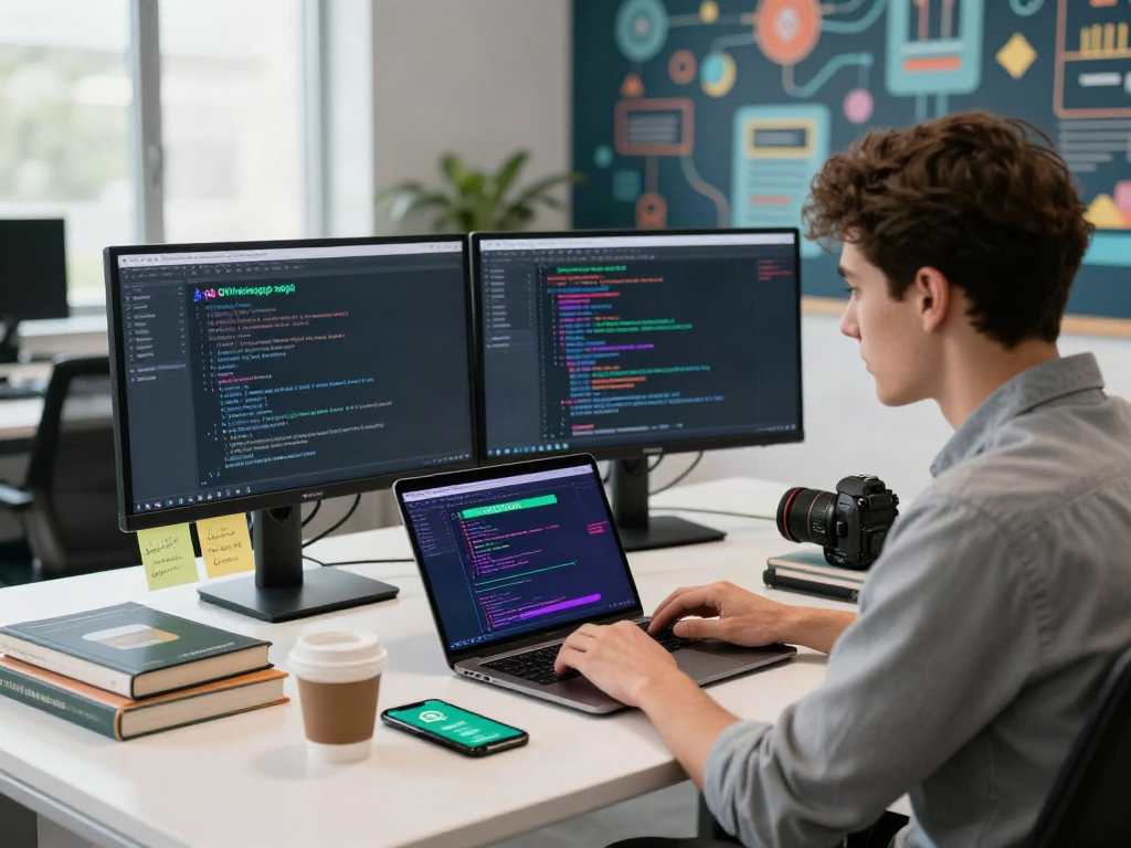 Young software engineer coding the gb whatsapp apk in a modern workspace filled with innovation.