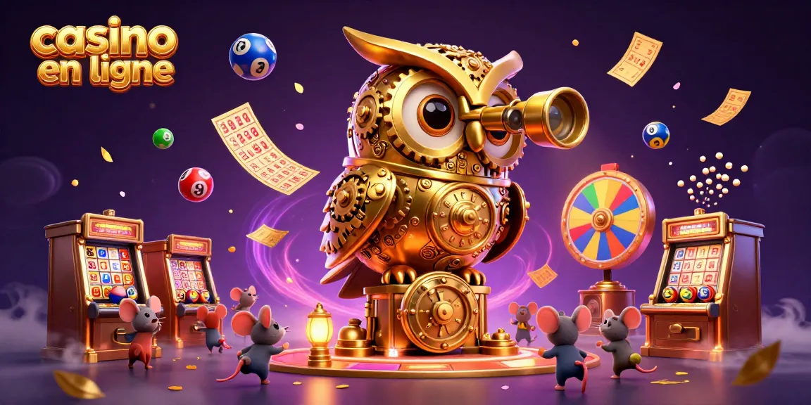 Visualisez une scène animée de casino en ligne avec un hibou doré et des souris entre les machines à sous.
