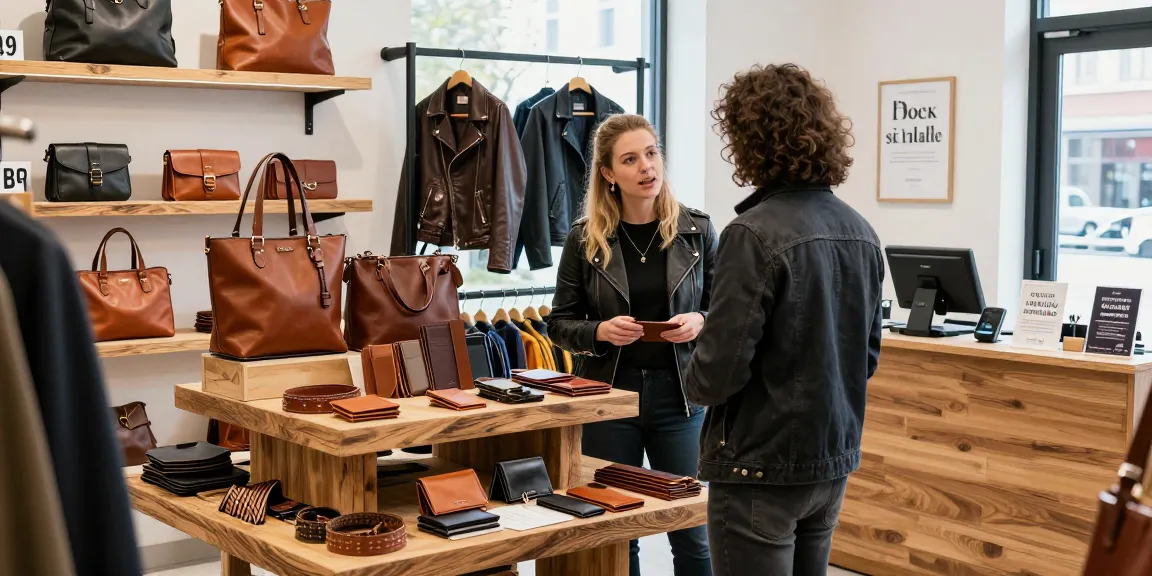 Retail associate discusses leather goods while showcasing luxury slot wallets and bags.