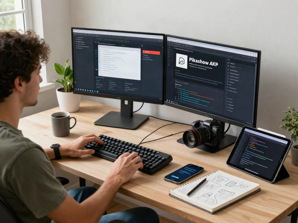 Developer working on the Pikashow APK in a modern tech workspace with dual monitors.