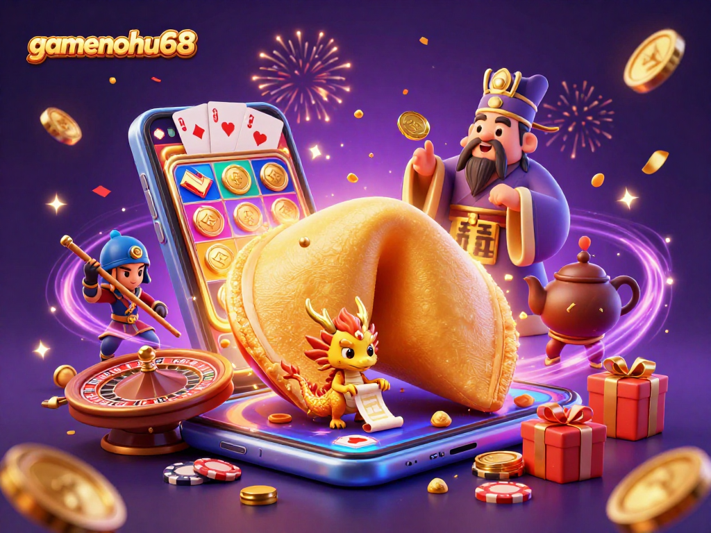 Engage in exciting gameplay at gamenohu68 with a vibrant casino scene featuring a mystical dragon.
