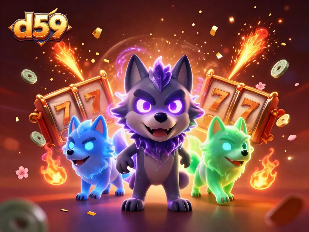 Experience the excitement of d59 with captivating slot reels and energetic wolf characters in a vibrant casino scene.
