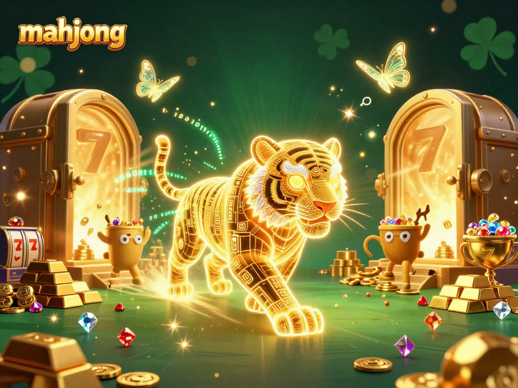Experience mahjong excitement with a surreal blend of a golden tiger and dynamic slot elements in a digital casino.