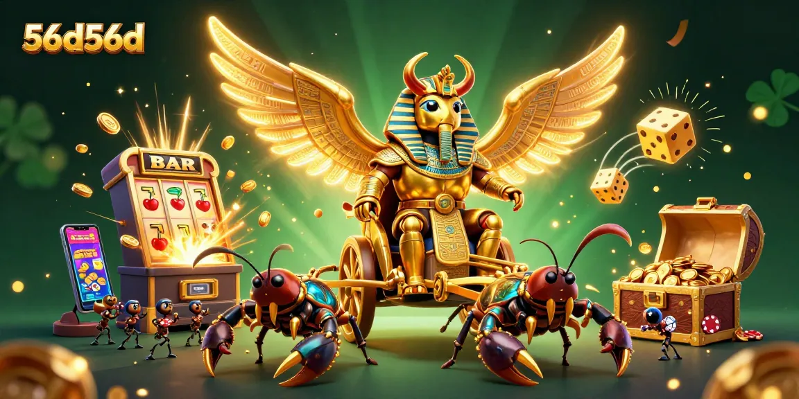 56d56d apresenta um escaravelho dourado em um cassino vibrante, simbolizando jogos de sorte.