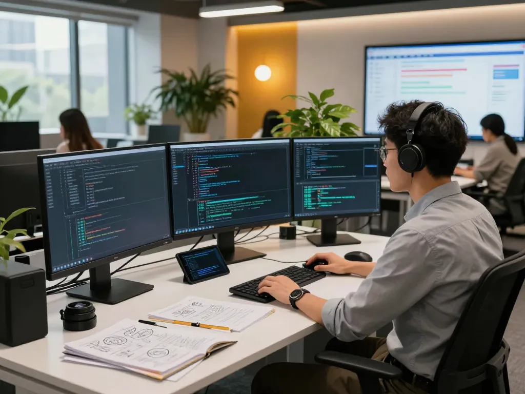 AI training data workspace showcasing dataset finder tools with data scientist analyzing technology.