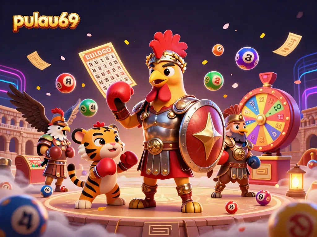 Engage in thrilling gameplay at pulau69 with vibrant lottery elements, 3D rooster champion, and festive confetti.