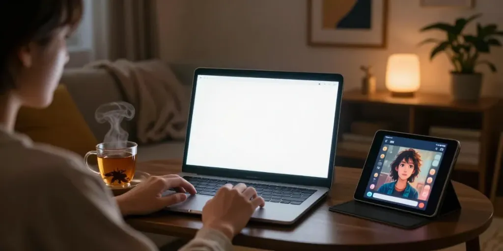A user interacting with the Crunchon AI chat interface, enjoying a cozy atmosphere with warm lighting and a cup of tea.