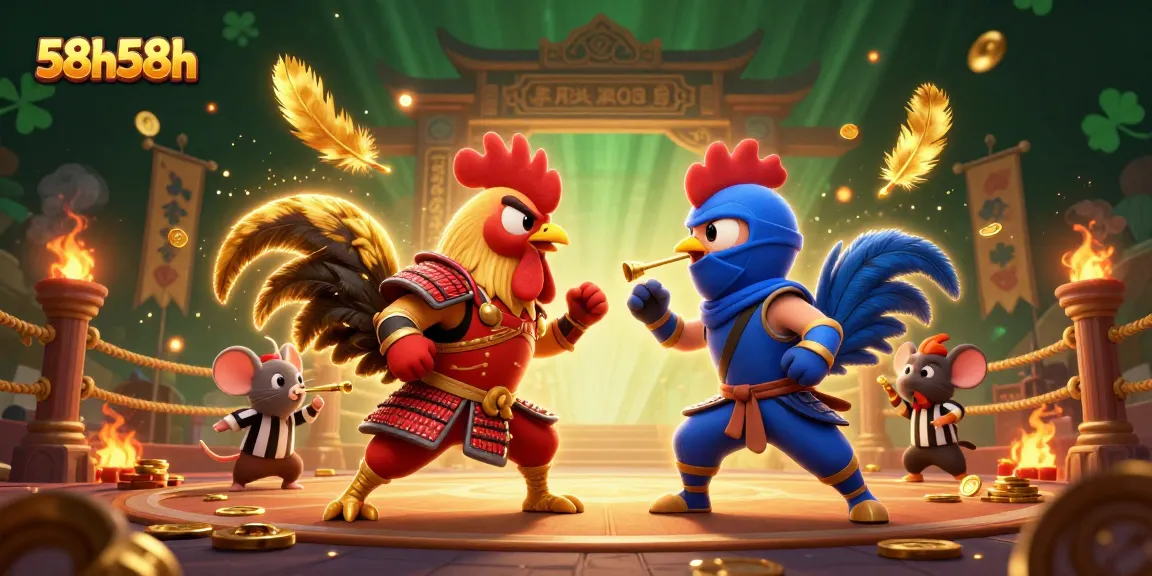 Engage thrilling battles in the arena with 58h58h's cartoon roosters amidst fiery action.
