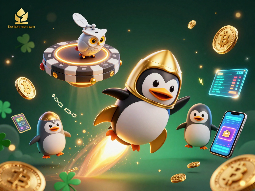 Experience thrilling gameplay with tienlenmiennam as a golden penguin zooms past a casino space station.