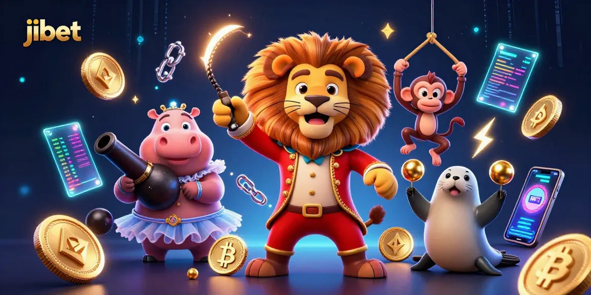 Experience thrilling gaming at Jibet with a vibrant circus-themed 3D illustration showcasing captivating characters and crypto elements.