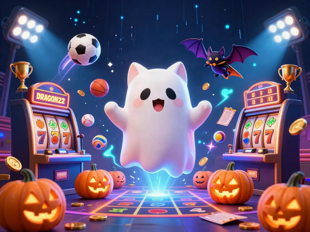 Engage with DRAGON222's dynamic gaming experience featuring a ghost cat and bat amidst slot machines.