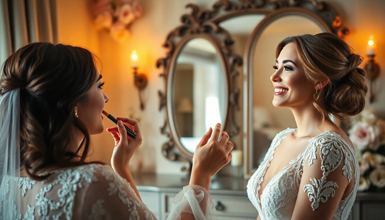 Dallas bridal makeup artist perfecting a bridal look in a chic setting.