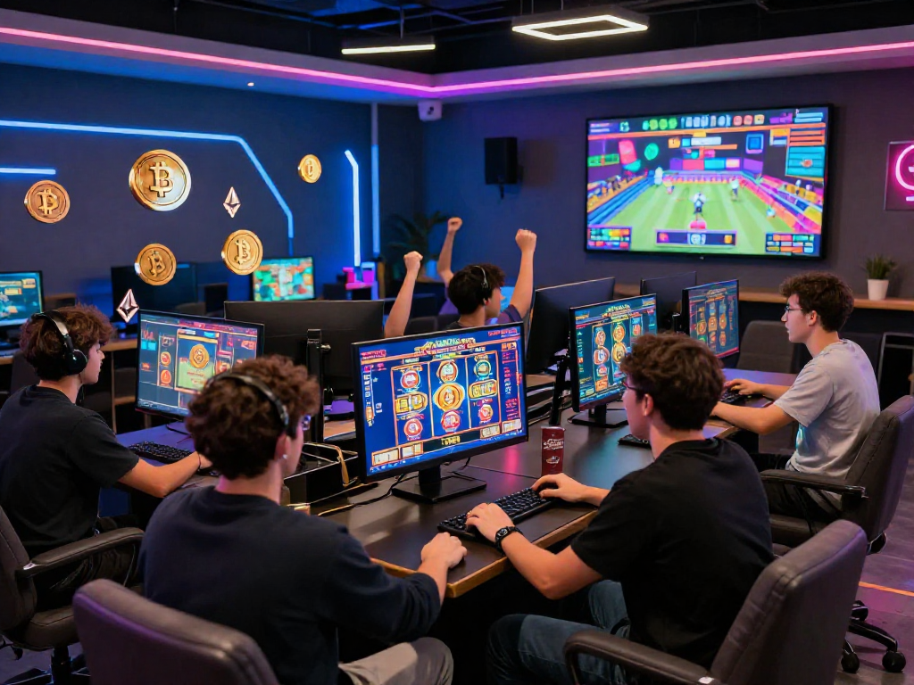 Engaged players in a crypto casino celebrating wins during an exciting gaming session.