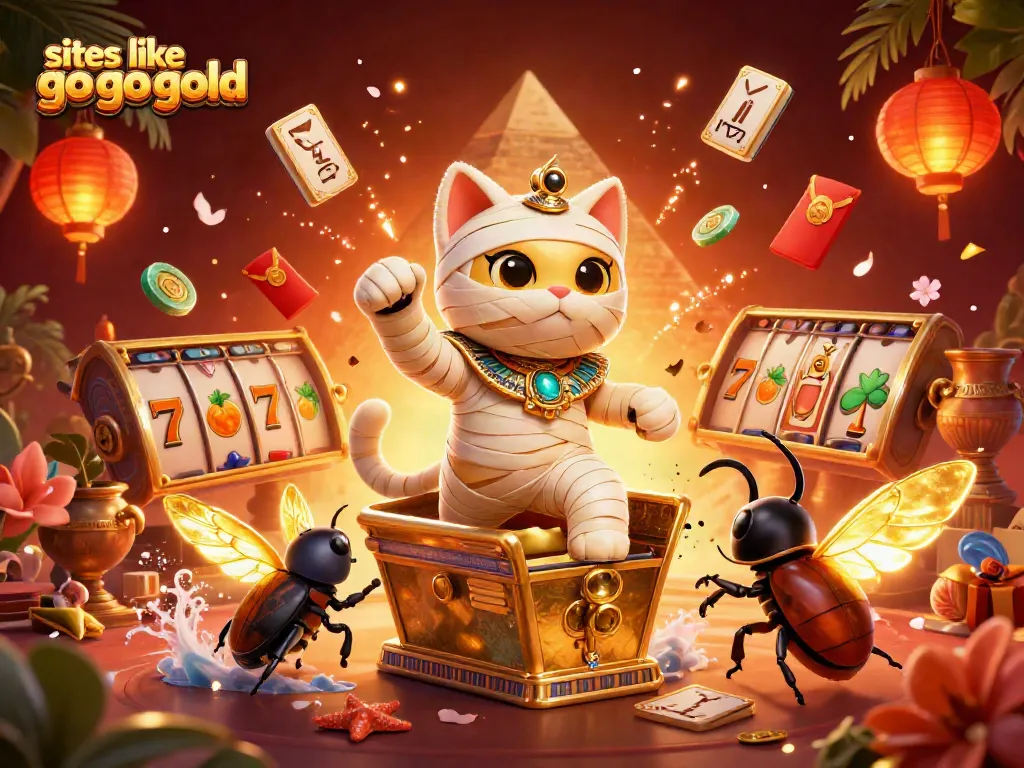 Discover vibrant action at sites like go go gold with a dynamic casino scene featuring a mummy cat and fireworks.