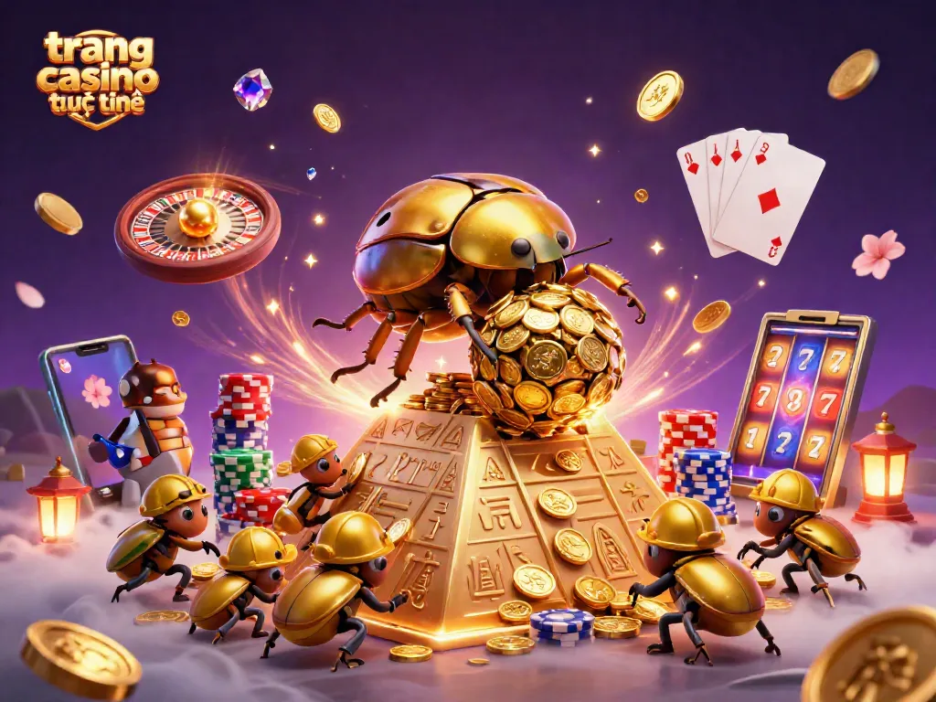 Khám phá trang casino trực tuyến với bọ hung vàng lăn đồng xu trong một khung cảnh sống động.