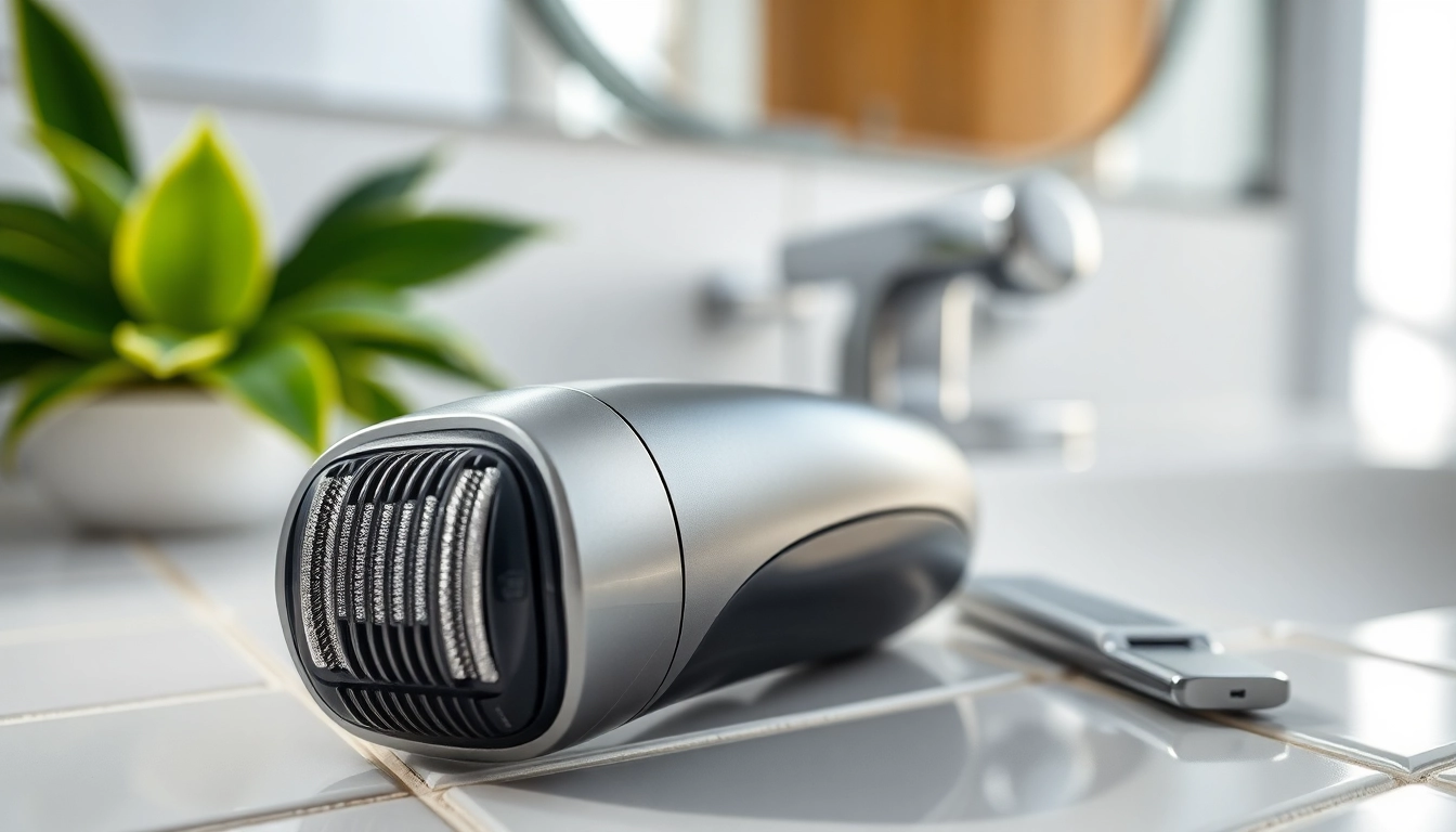 One blade electric shaver showcased on a contemporary bathroom counter with grooming tools.