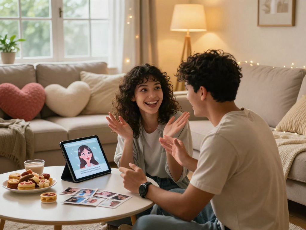 Engaging couple using girlfriend AI on tablet in cozy living room setting.